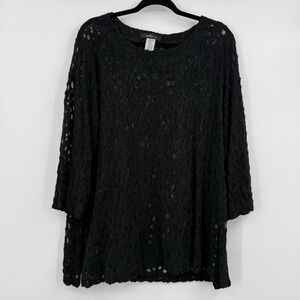 Yushi Tunic Blouse Womens XL Black Crochet Sheer Lightweight Stretch Pullover